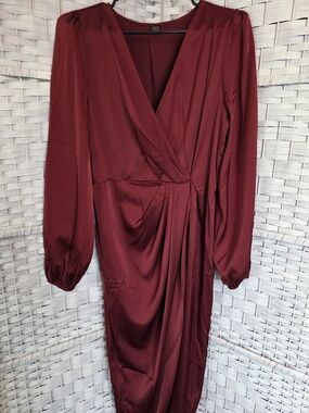 Burgundy Satin Wrap Long Sleeve Midi Dress